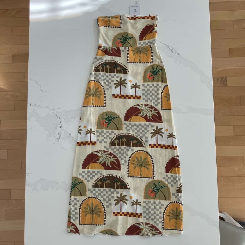 Paper Heart Anthropologie Maxi Dress Linen Blend Strapless Palm Slit NWT